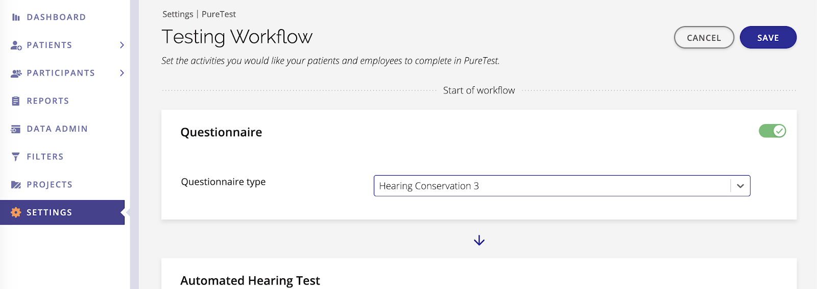 A screenshot of the questionnaire setting for a testing workflow.