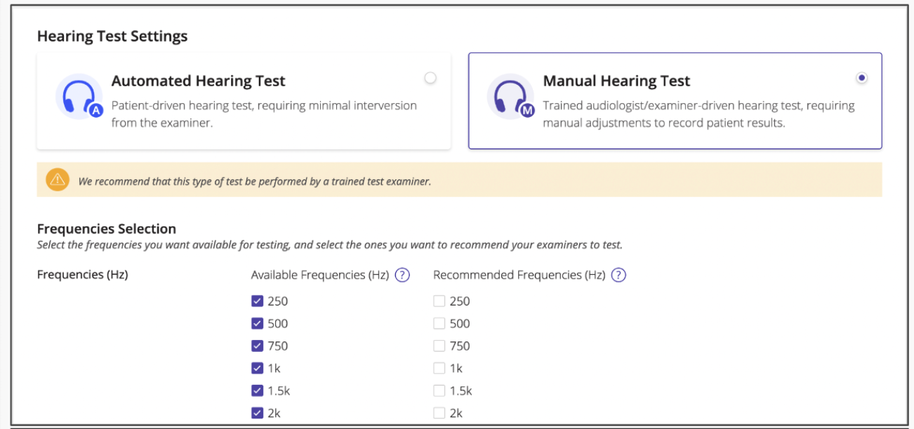 A screenshot of the workflow settings with a manual hearing test selected.
