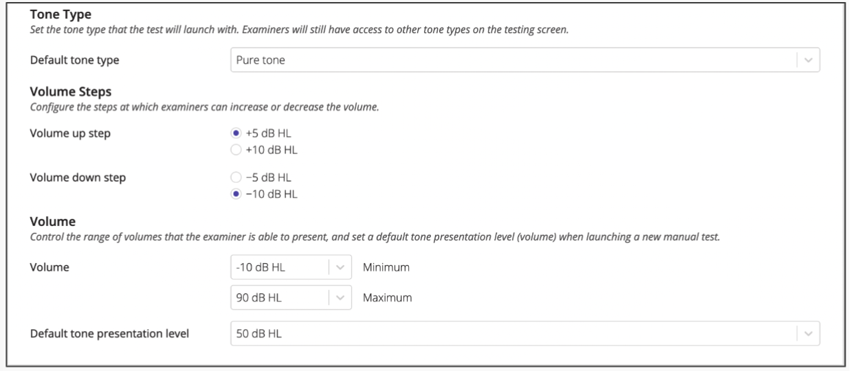 A screenshot of the manual hearing test workflow settings.