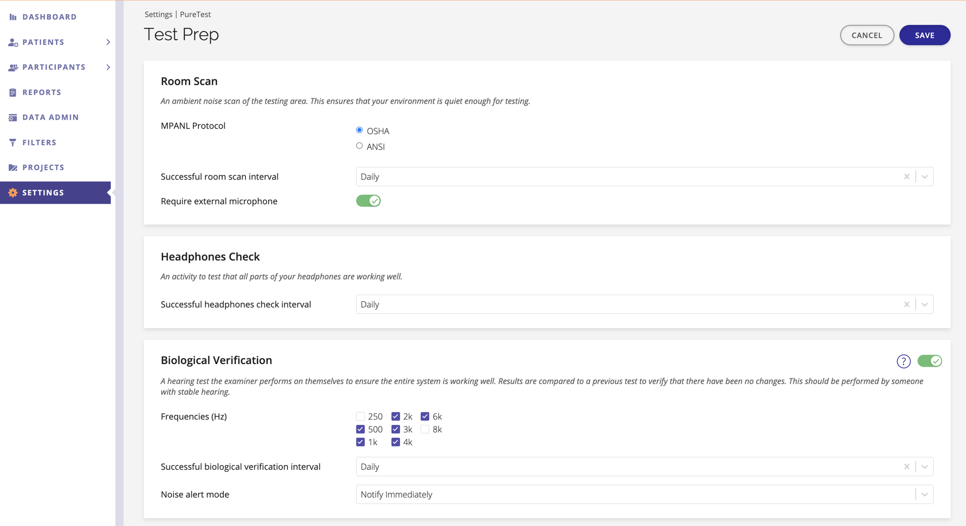 A screenshot of the Test Prep settings.