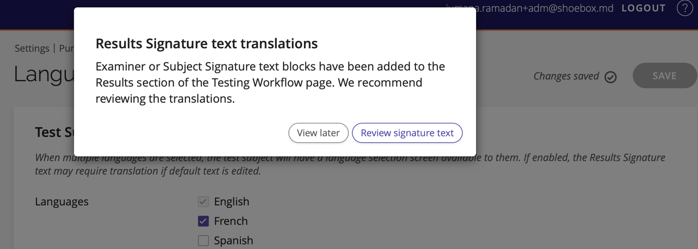 A screenshot of the notification to review translations after text blocks have been added to the results section.