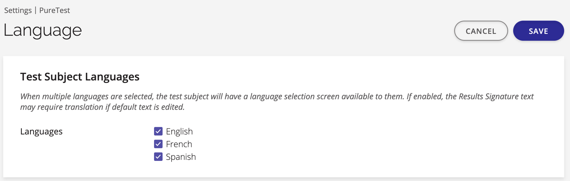 A screenshot of the language settings for PureTest.