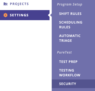 A screen of the portal's side menu with security highlighted.