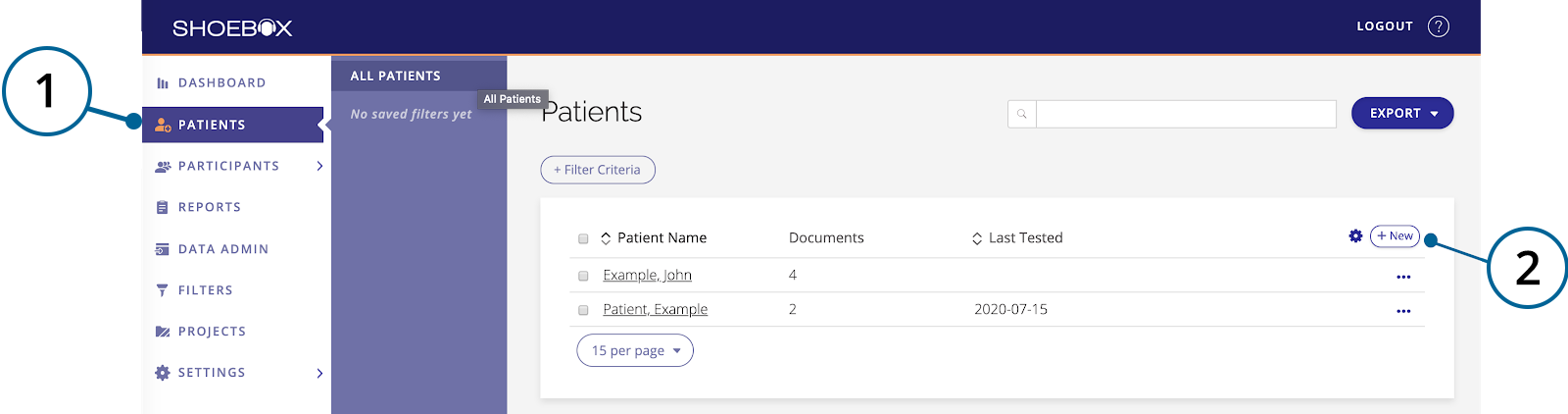 A screenshot of the patient page in the portal with the New button highlighted.