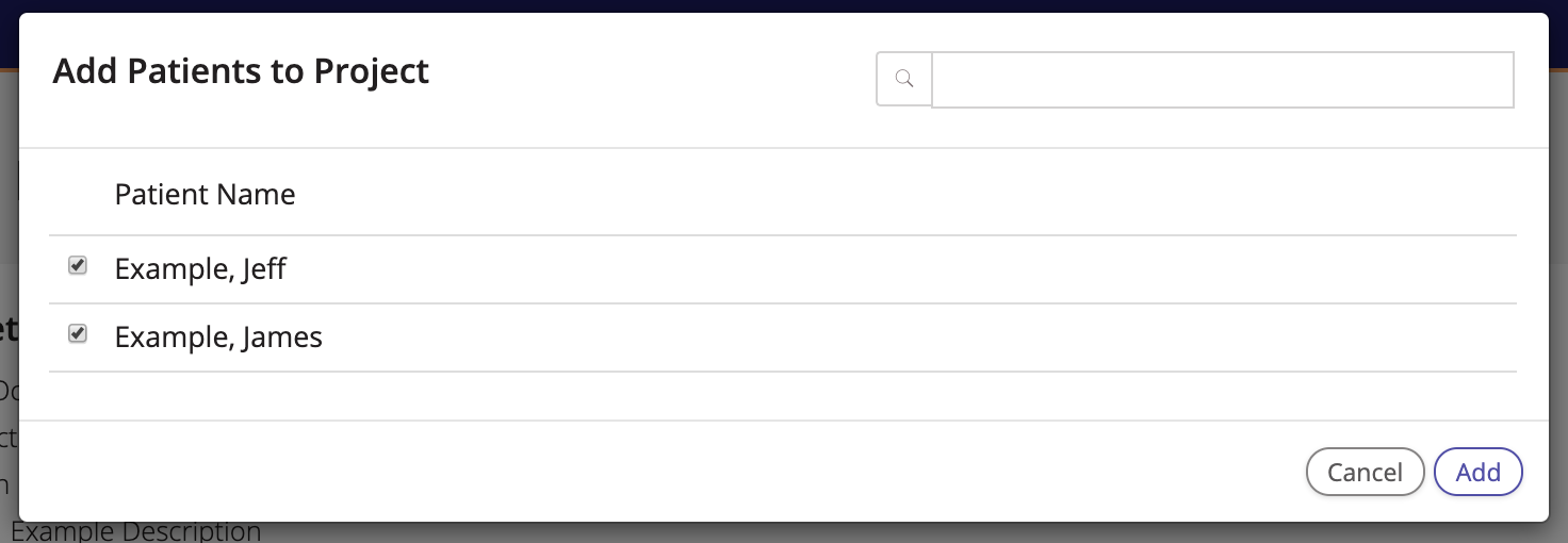 A screenshot of the Add Patients to Project window.