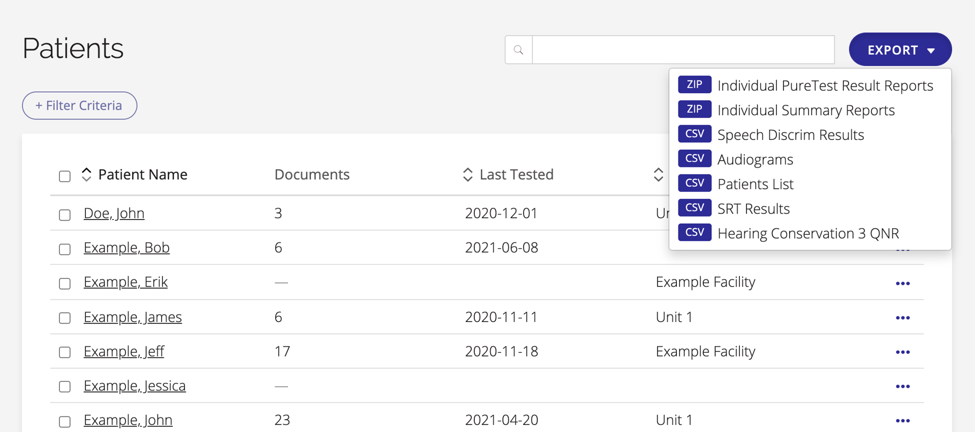 A screenshot of the Export button's options on the Patients page.