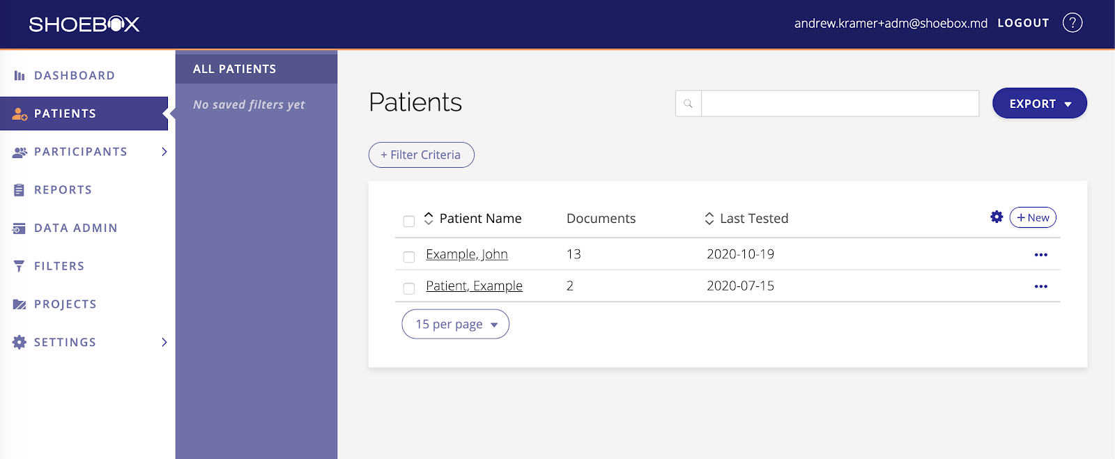 A screenshot of the patients page in the data management portal.