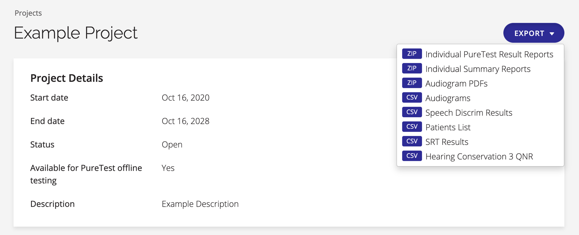 A screenshot of the Export button's options on the Projects page.
