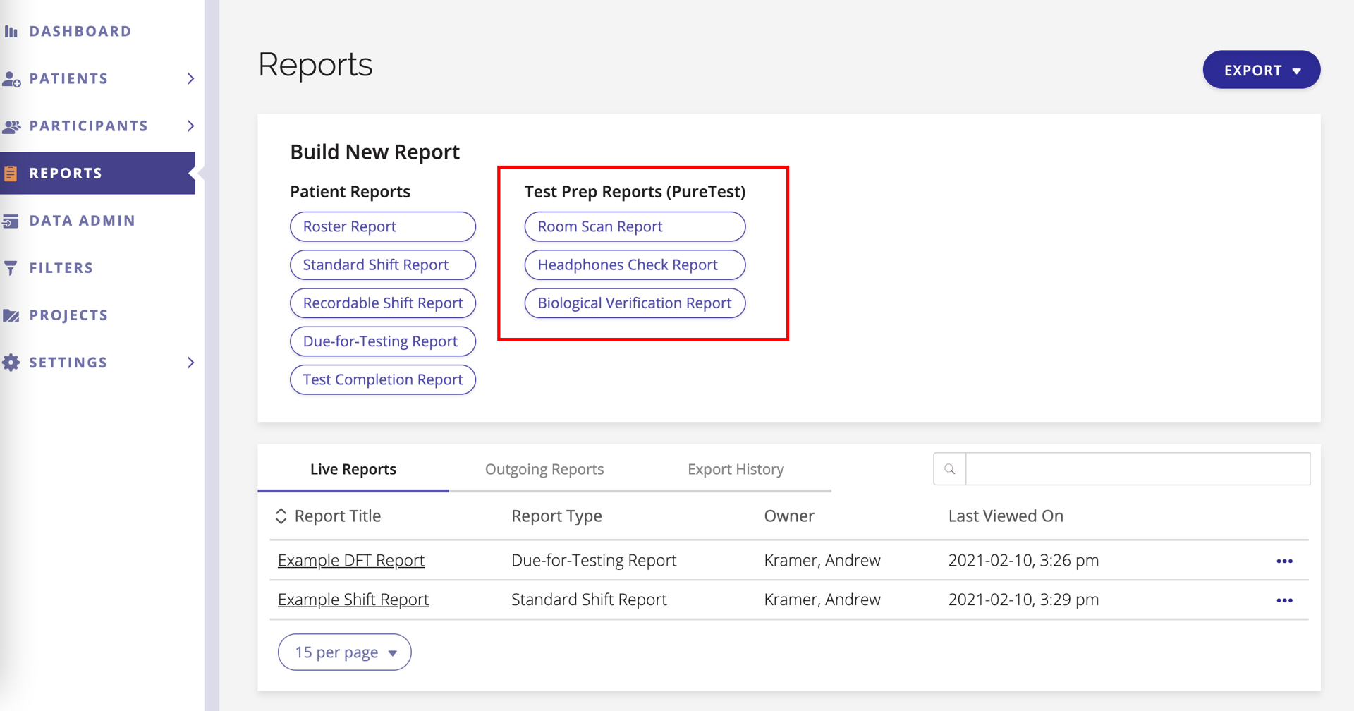 A screenshot of the Reports page with Test Prep Reports highlighted.