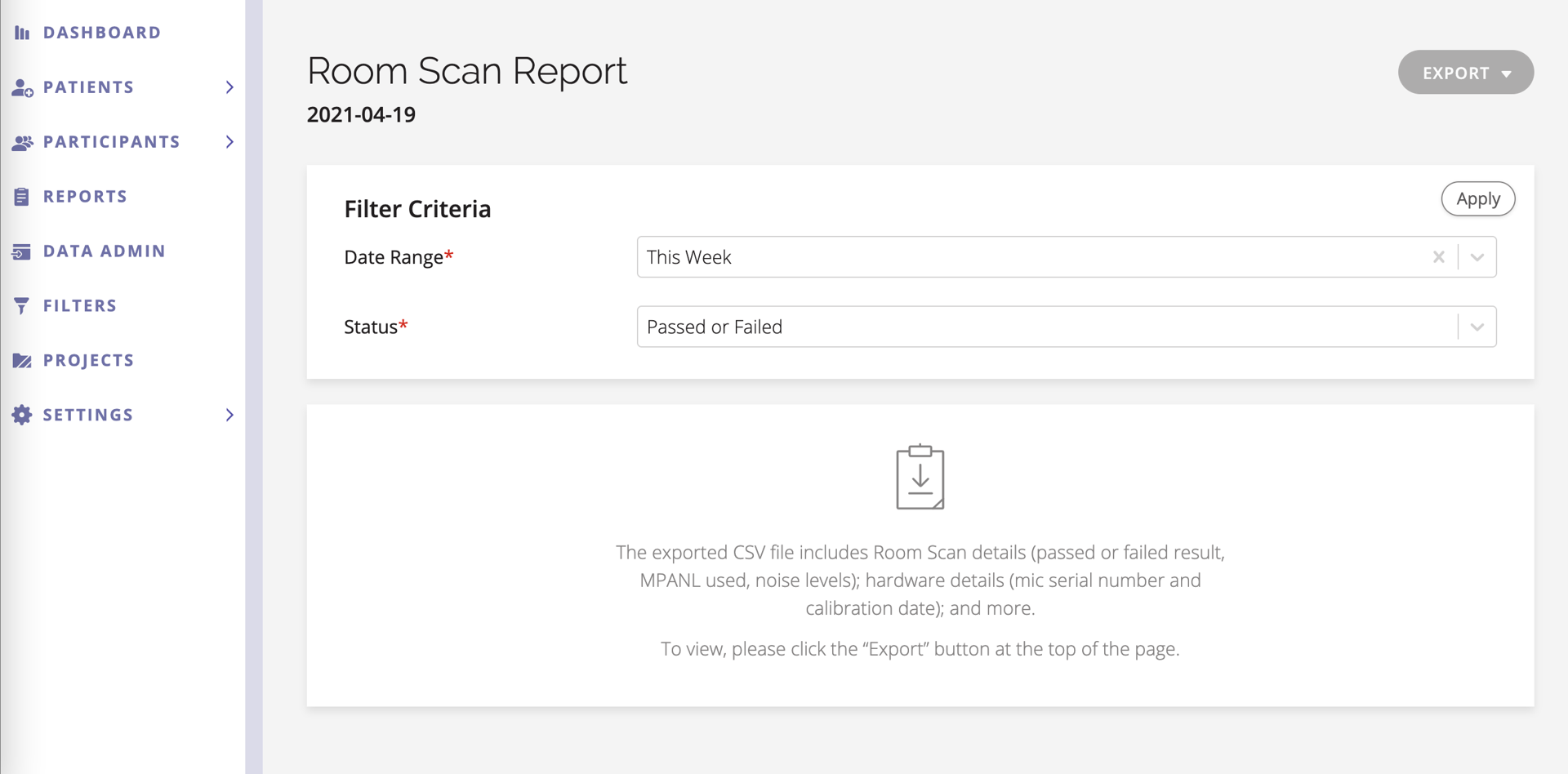 A screenshot of the settings for a Room Scan Report.