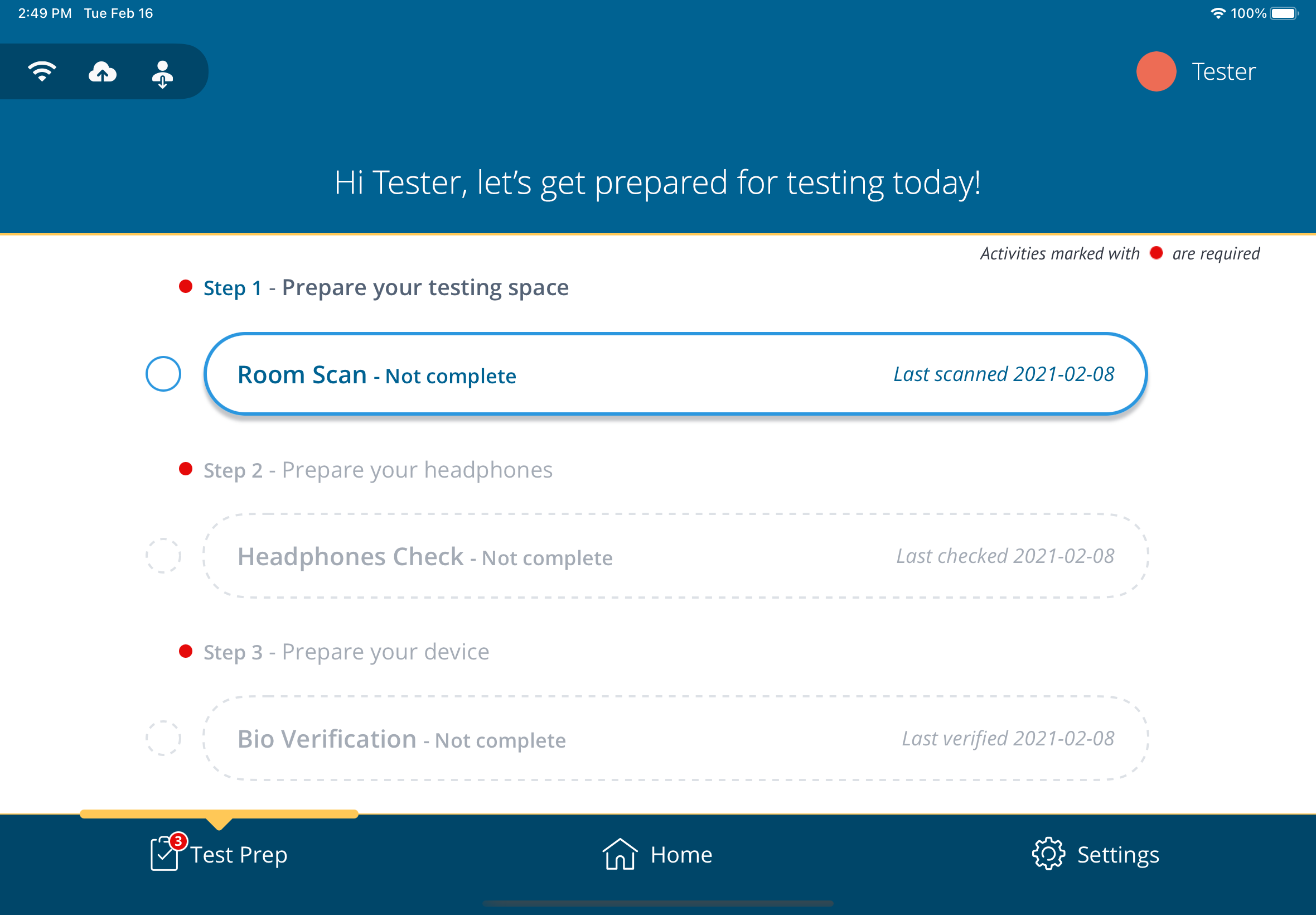 A screenshot of the Test Prep screen with the Room Scan button highlighted.