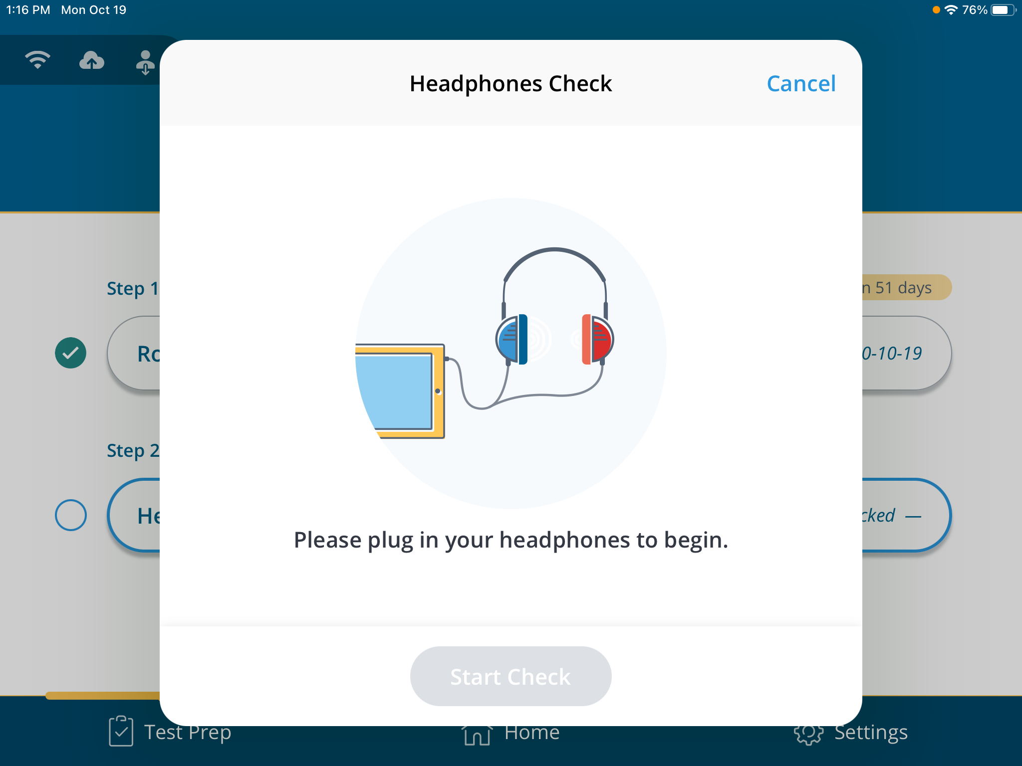 A screenshot of the prompt to plug in headphones for a headphones check.