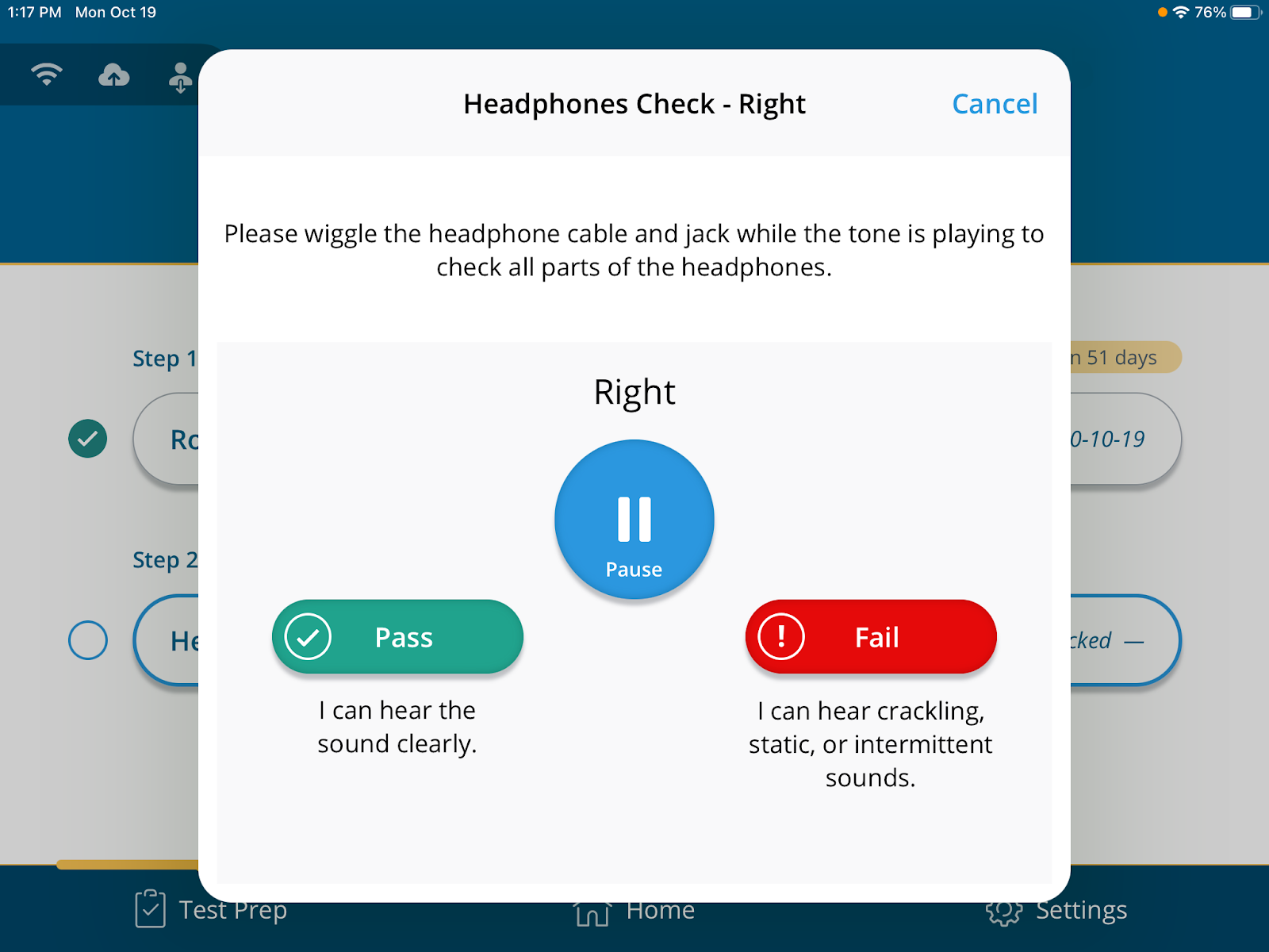 A screenshot of the headphones check screen for the right earcup.