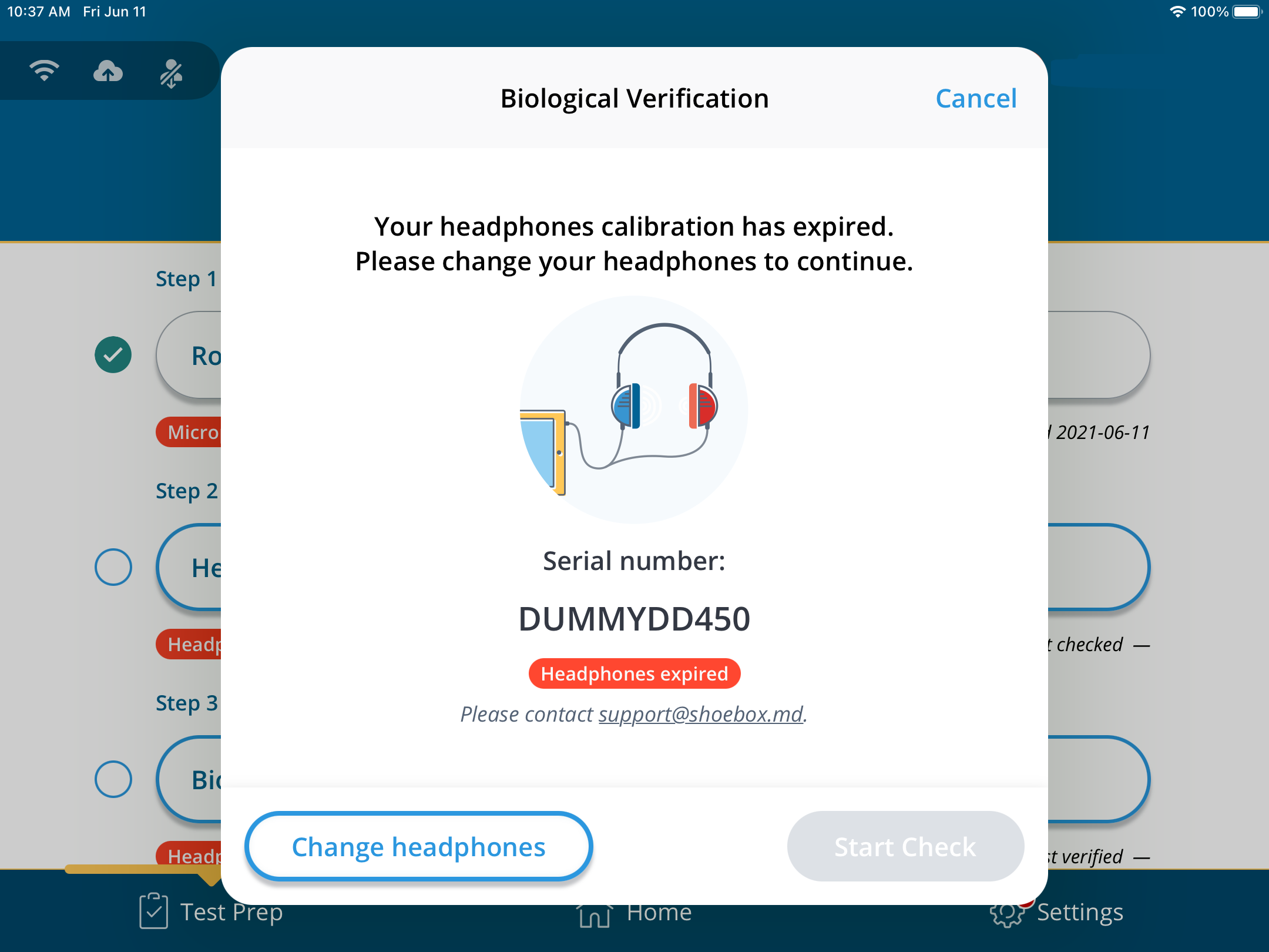 A screenshot of the warning that is displayed during a biological verification when the user's headphones calibration has expired.
