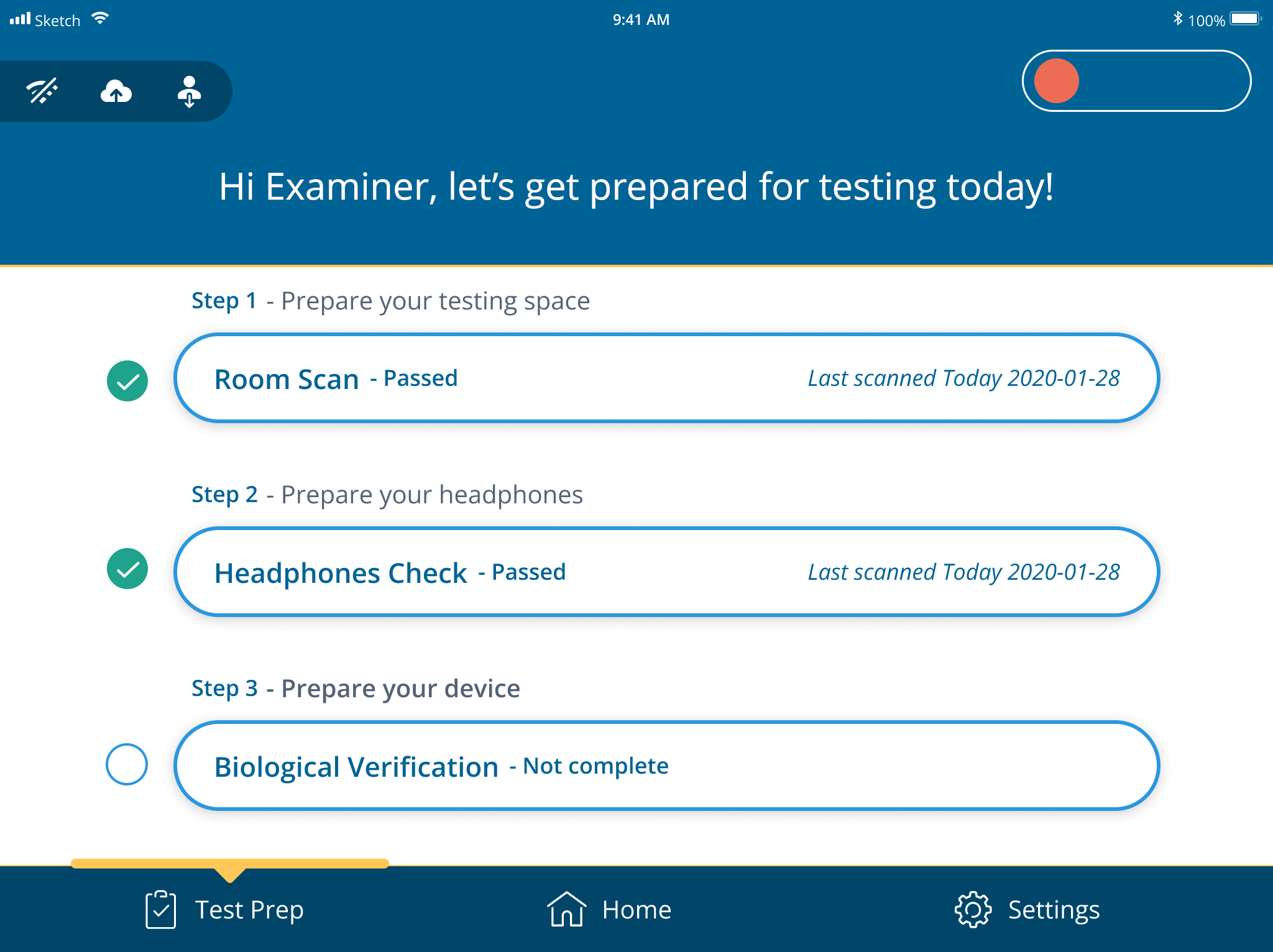 A screenshot of the test prep screen with the biological verification button highlighted.
