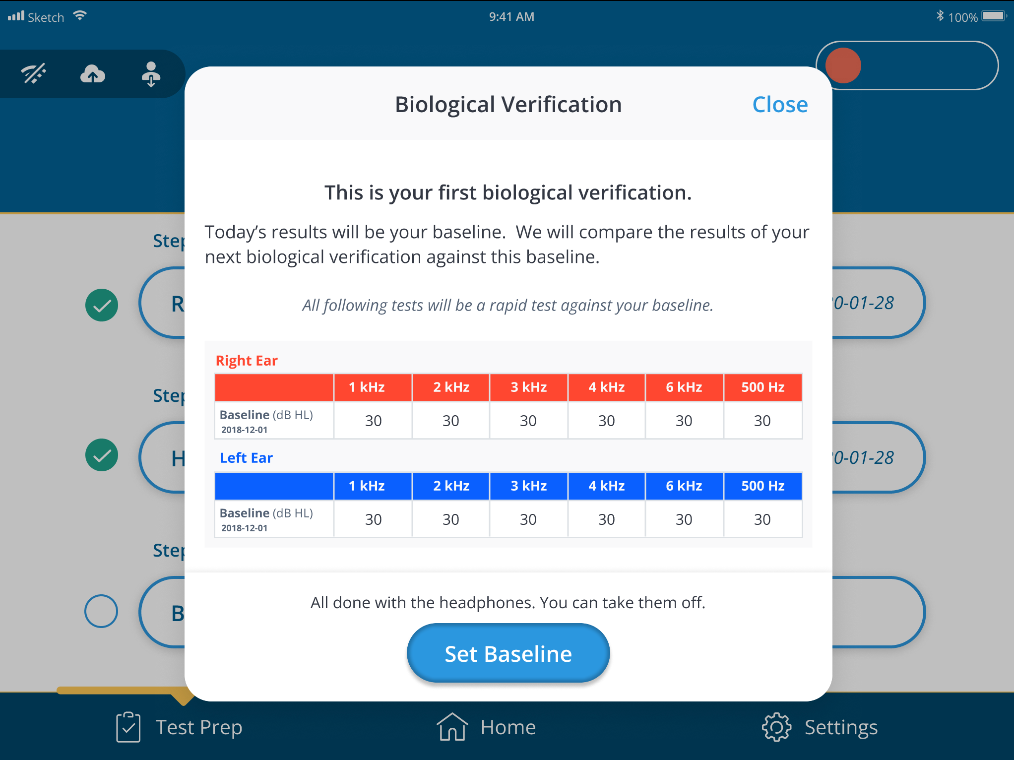 A screenshot of the prompt to set a user's first biological verification as their baseline.
