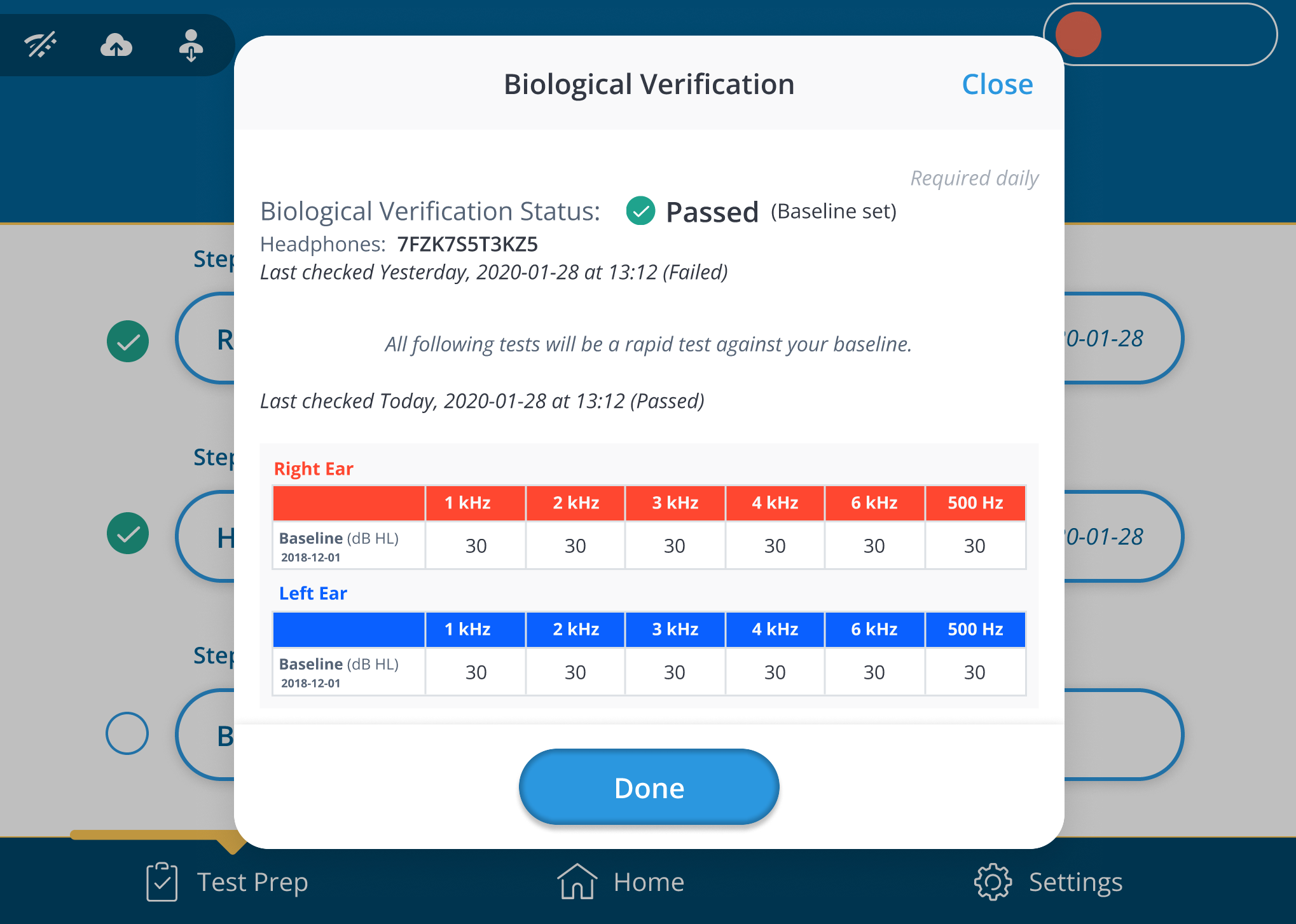 A screenshot of a successful biological verification after it is set as the user's baseline.
