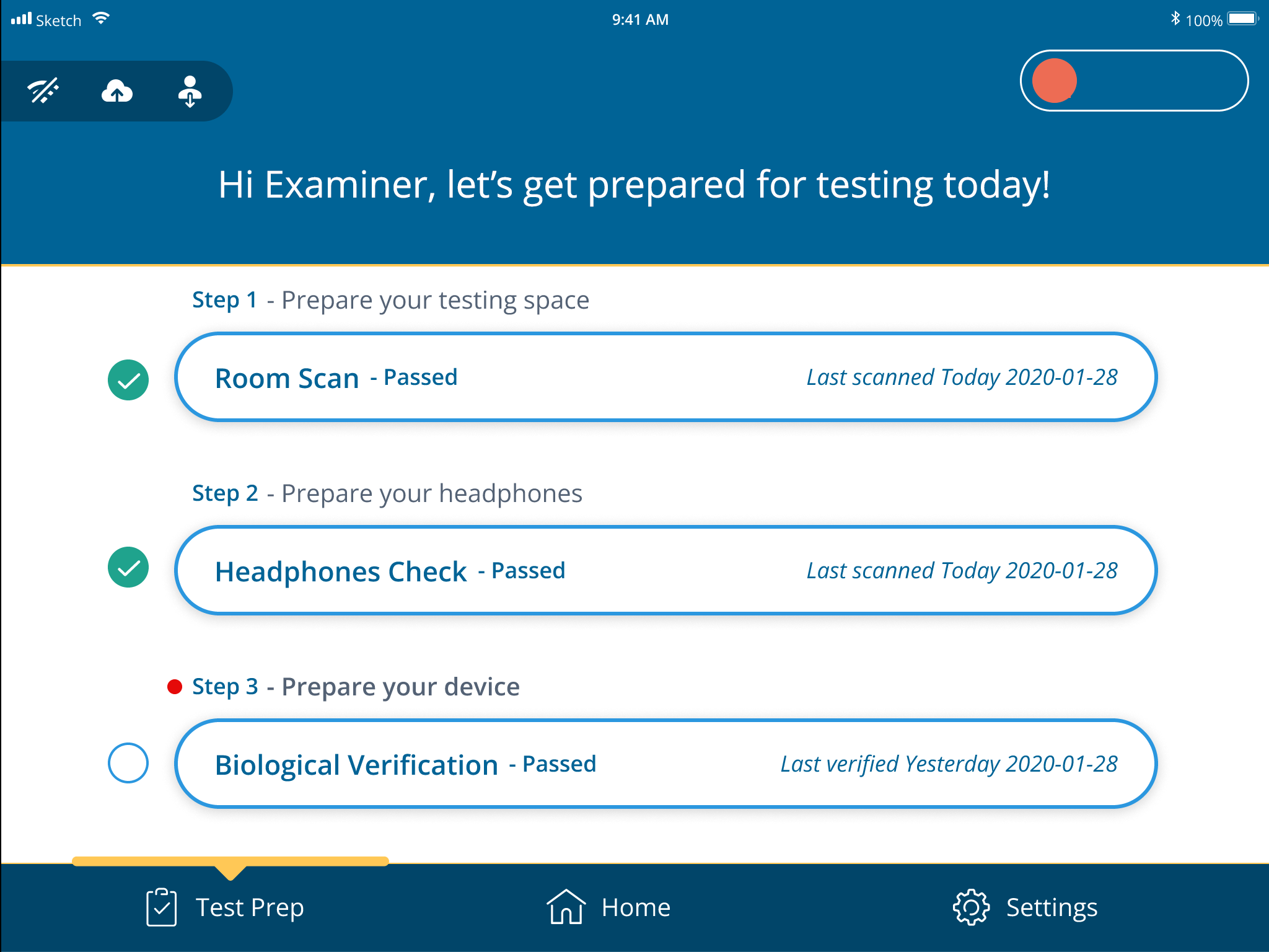 A screenshot of the test prep screen with the biological verification button highlighted.