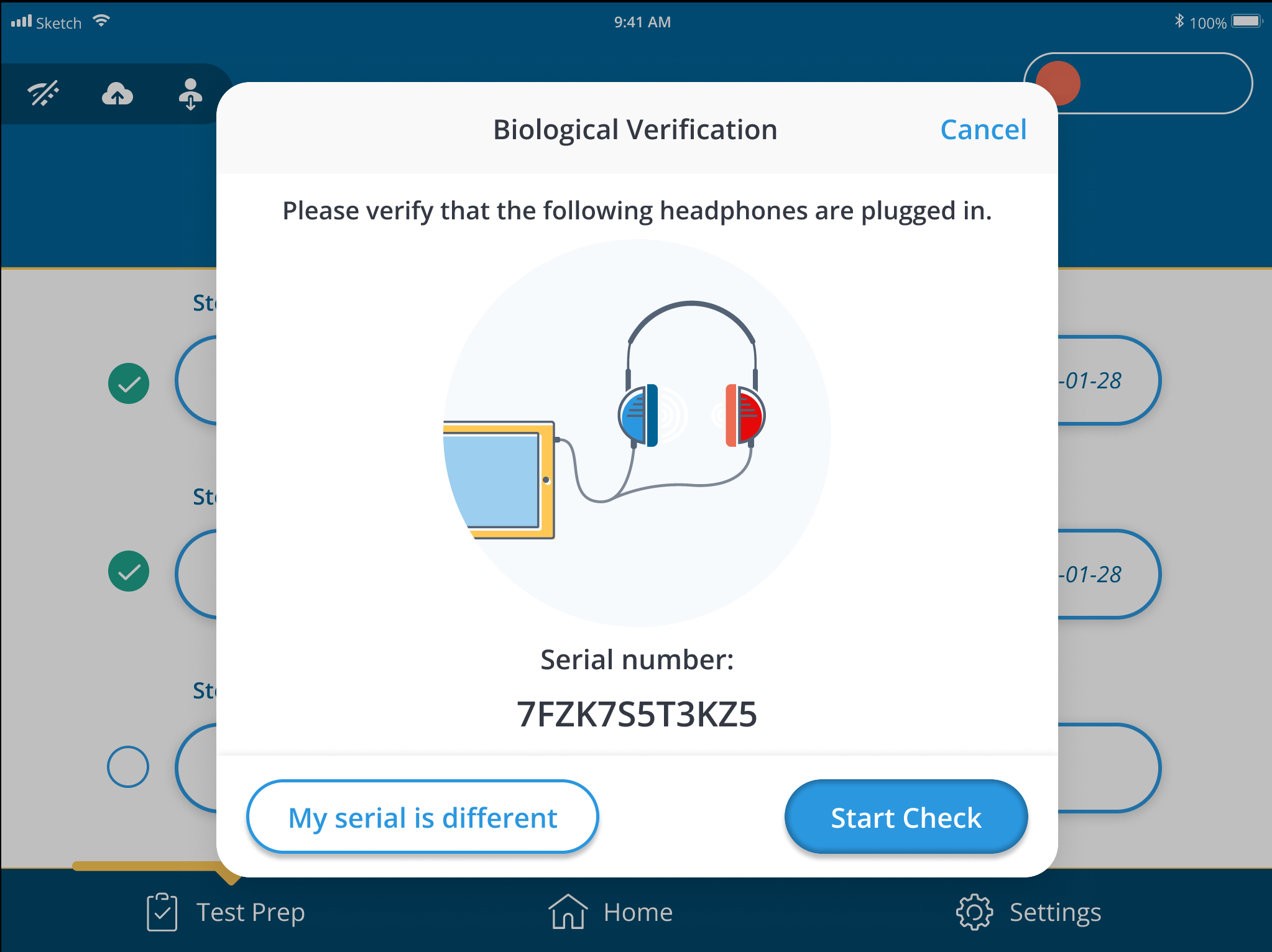 A screenshot of the prompt to verify the headphones by their serial number.