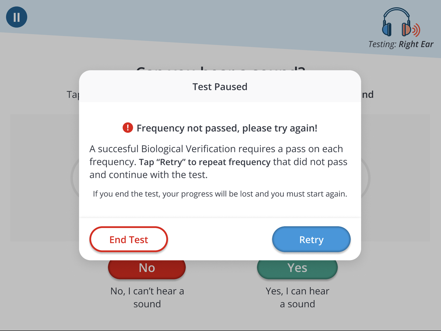 A screenshot of the popup that is displayed when a rapid test is paused.