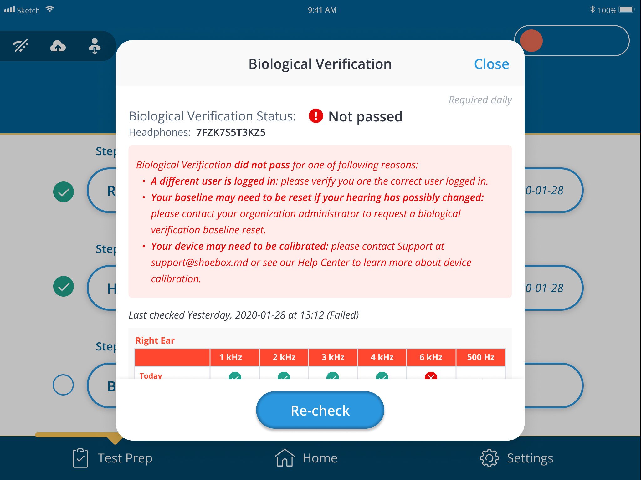 A screenshot of an unsuccessful biological verification.