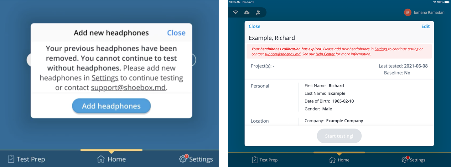 A pair of screenshots showing the error when headphones are not calibrated and the prompt to add new headphones.