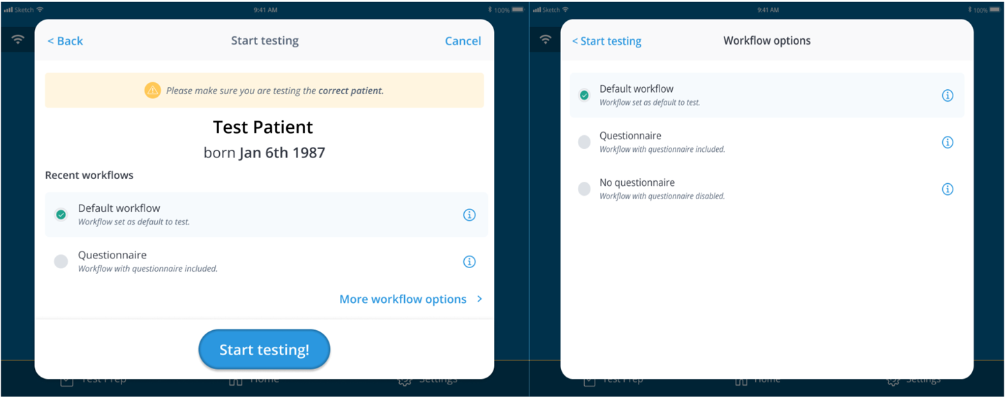 A pair of screenshots showing the workflow selection screens.