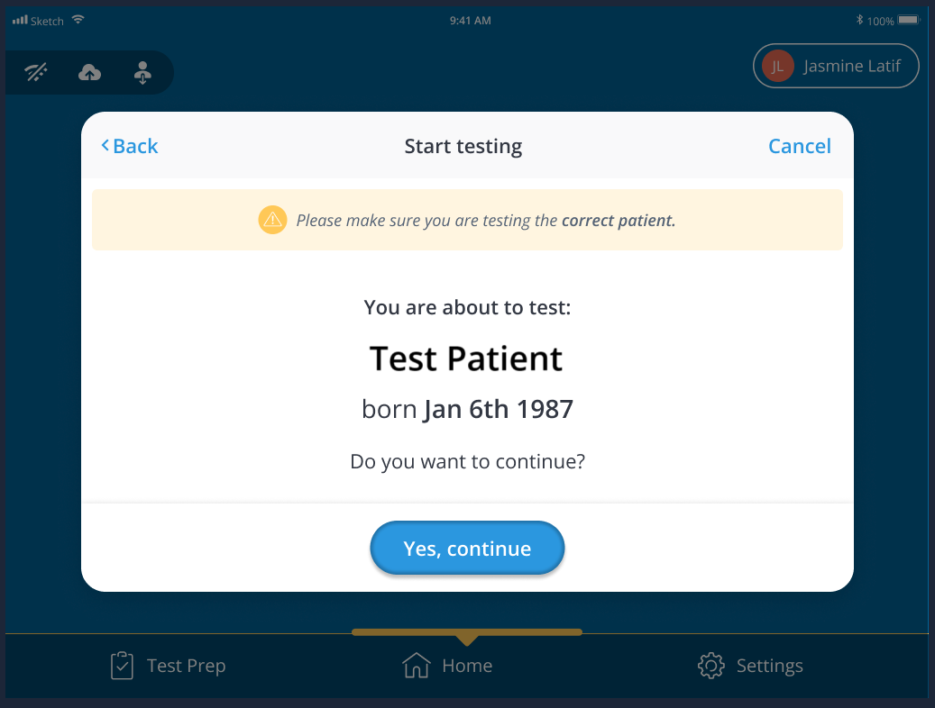 A screenshot of the prompt to verify that the correct patient is being tested.
