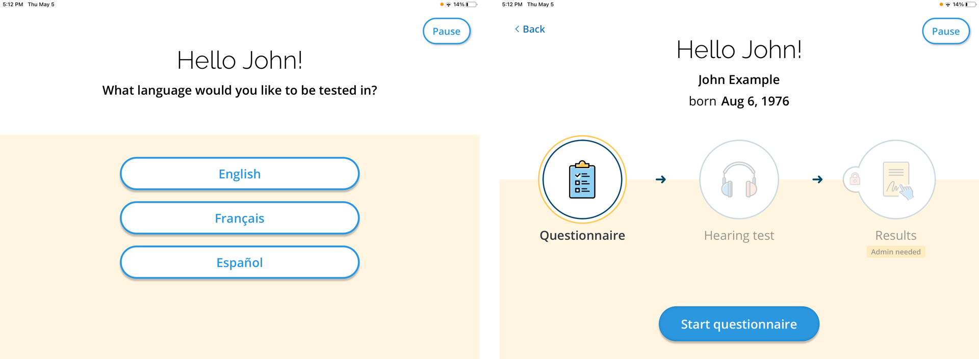 A pair of screenshots showing the language selection and workflow that the patient sees.