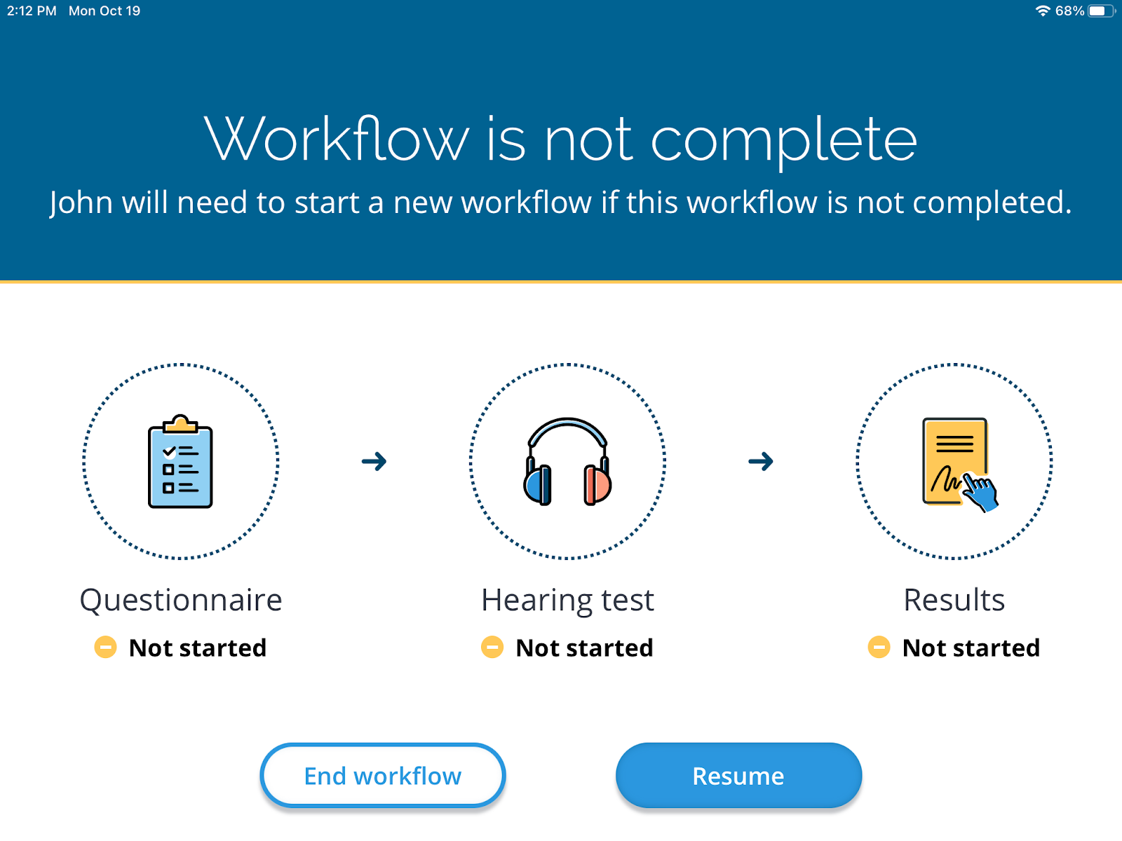 A screenshot of the workflow status screen that is displayed when a test is paused.