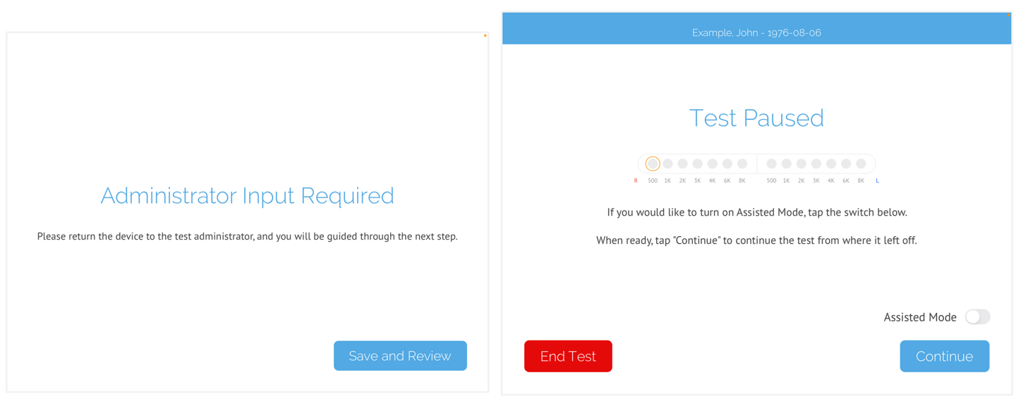A pair of screenshots showing the message that is displayed when several interruptions occur during the test.