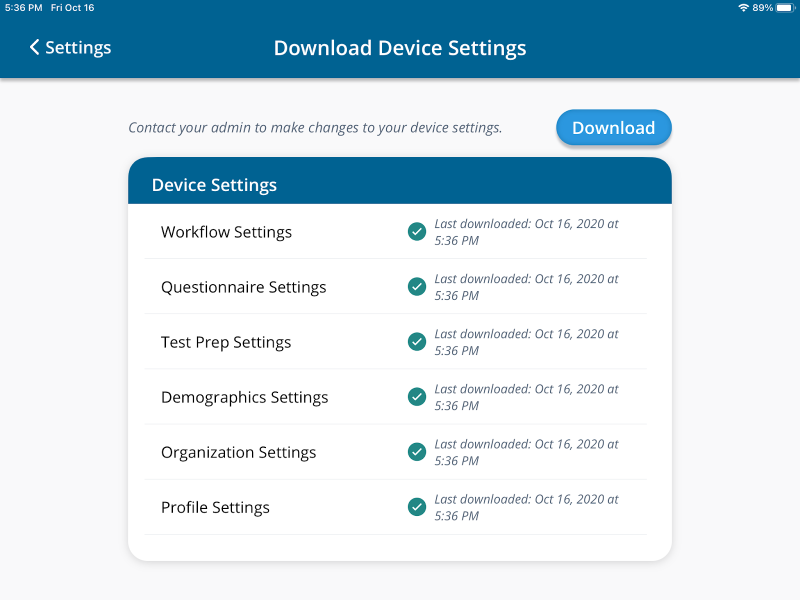 A screenshot of the Download Device Settings screen.