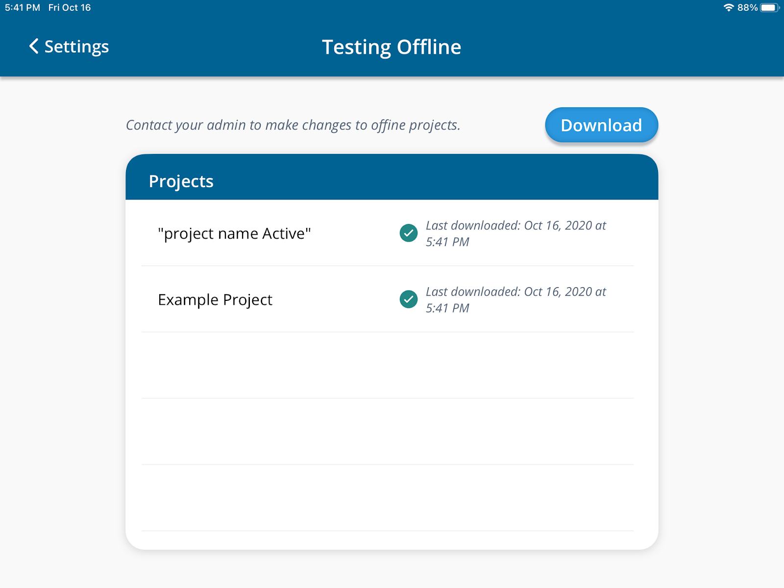 A screenshot of the Testing Offline screen.