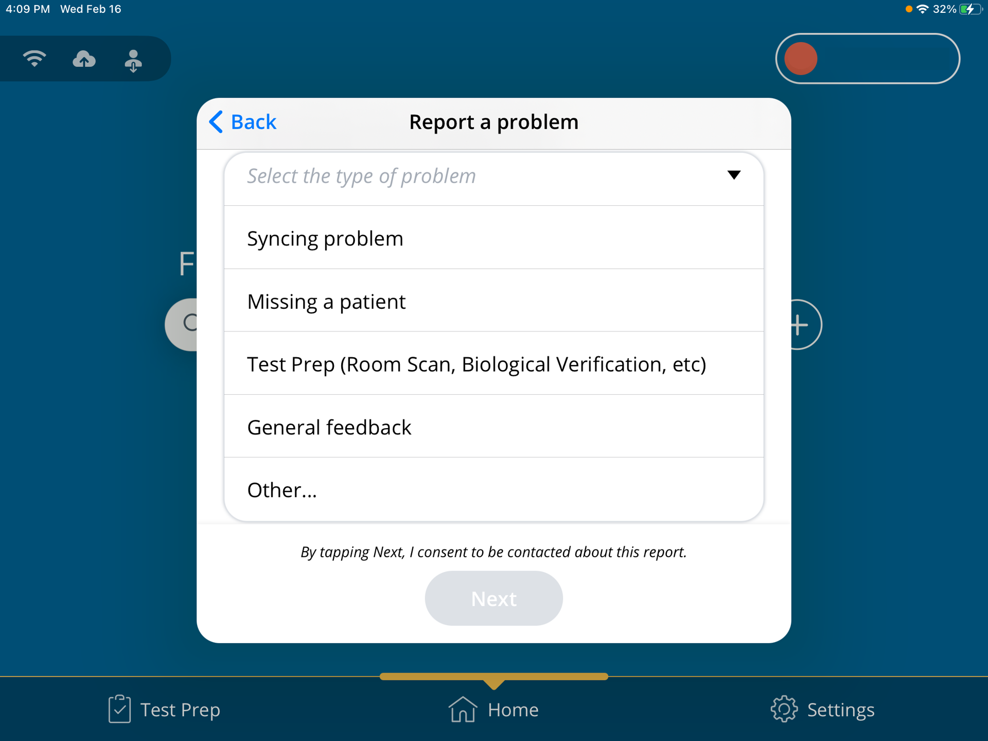 A screenshot of the Report a Problem form with the category dropdown displayed.