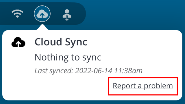 A screenshot of the Report a Problem button in the cloud sync status.