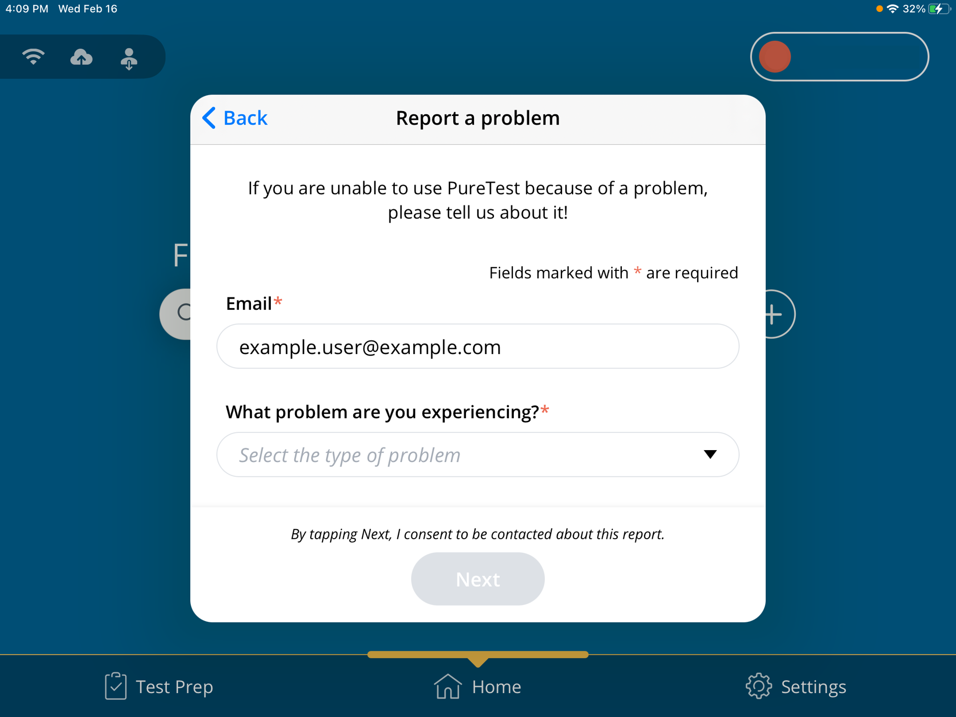 A screenshot of the Report a Problem form.