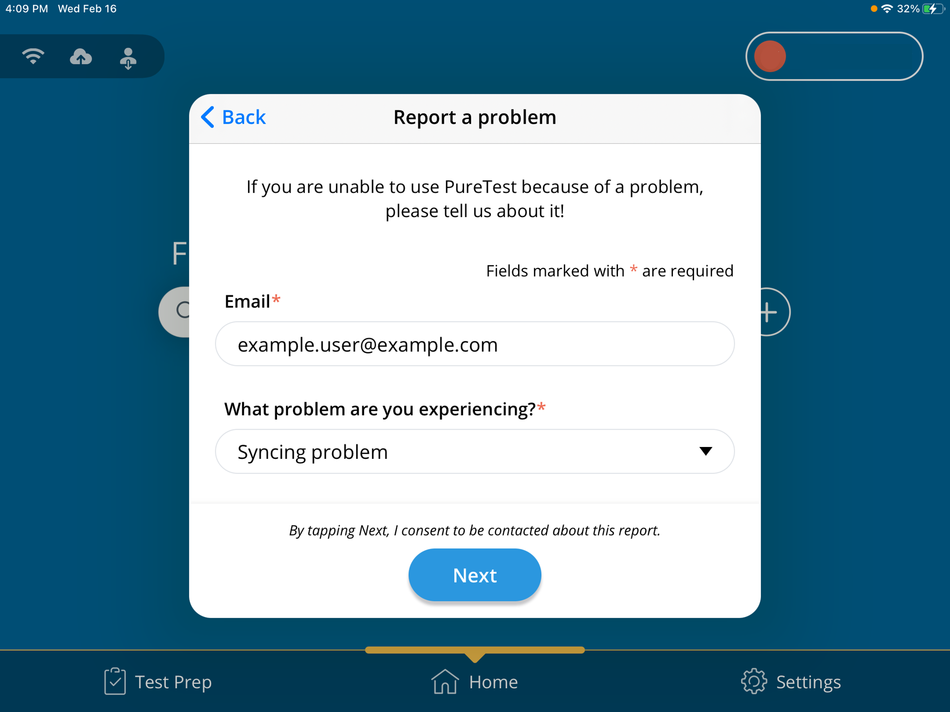 A screenshot of the Report a Problem form with the Next button displayed.