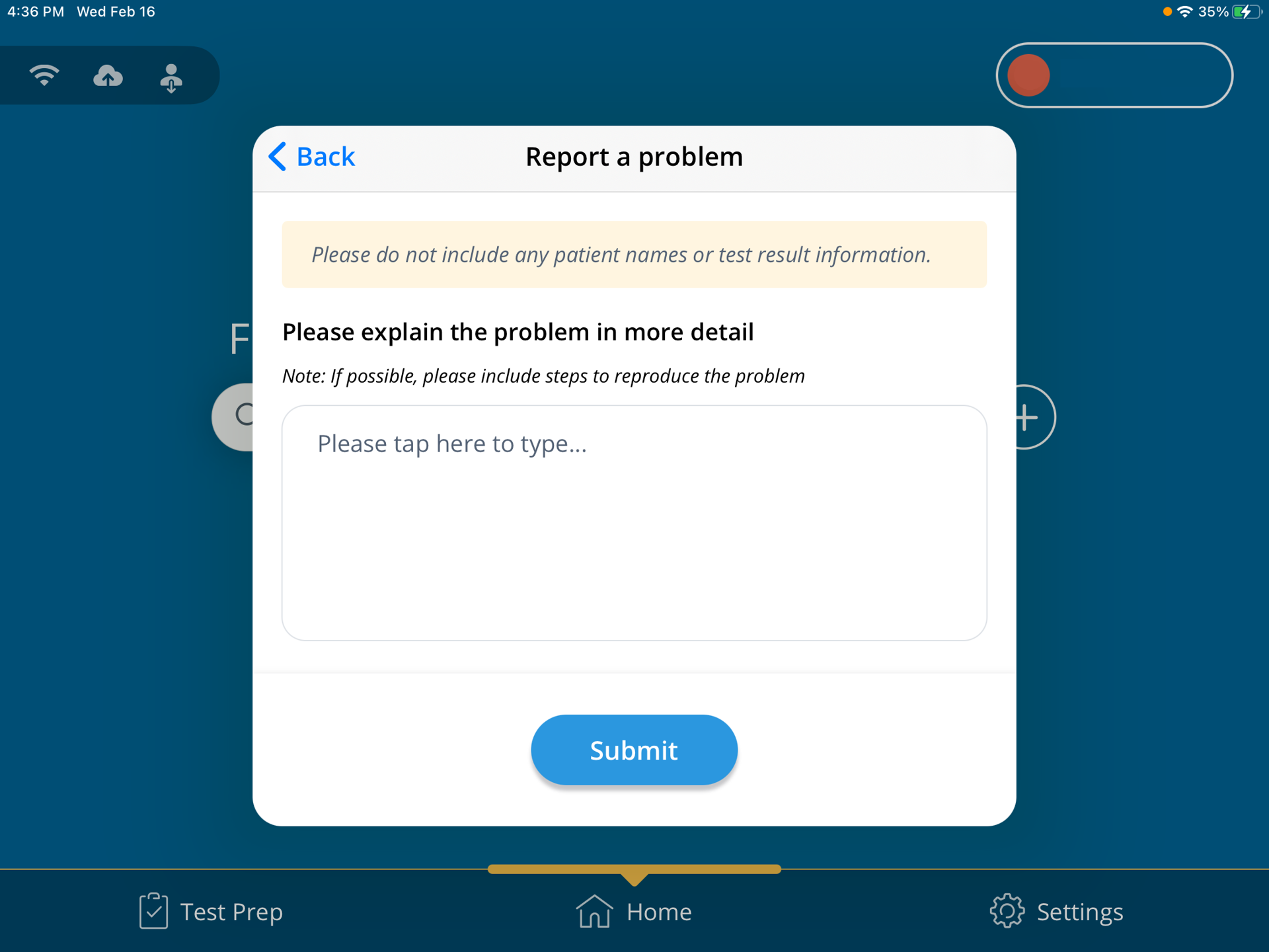 A screenshot of the Report a Problem form with the Submit button displayed.