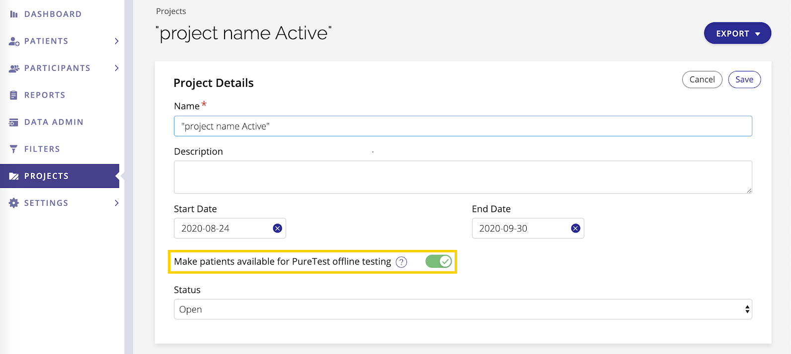 A screenshot of the offline toggle switch available on a project's settings.