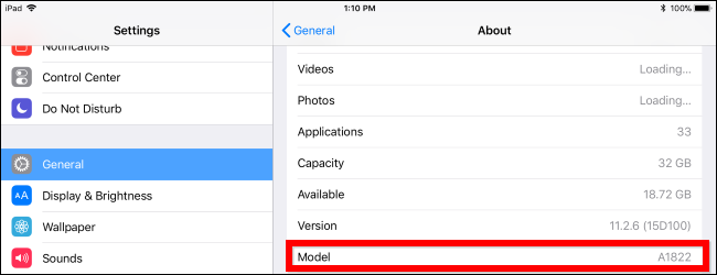 A screenshot of an iPad's settings with the Model number highlighted.