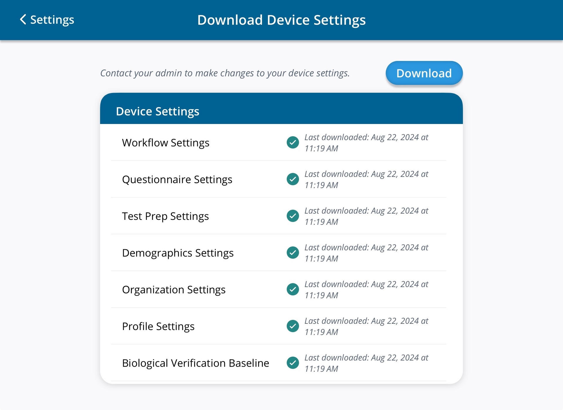 A screenshot of the Download Device Settings screen after syncing with the portal.