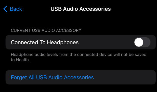 A screenshot of the iPad's USB audio accessory settings.