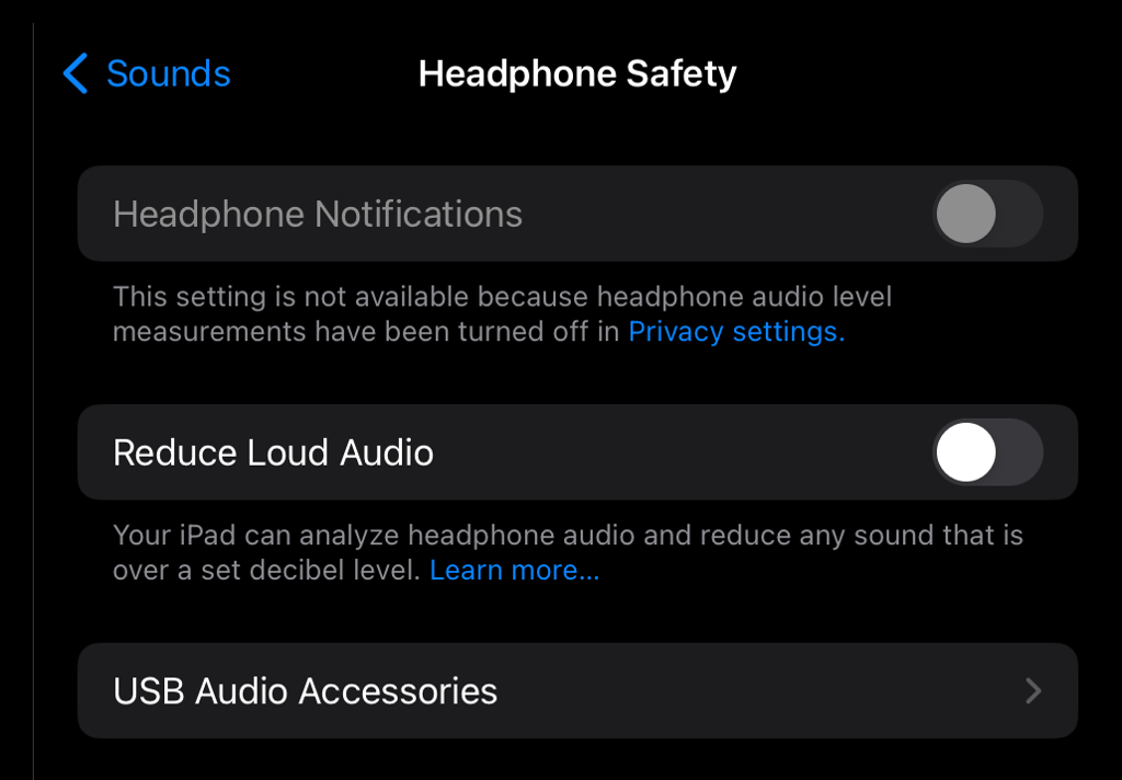 A screenshot of the iPad's headphones safety settings.