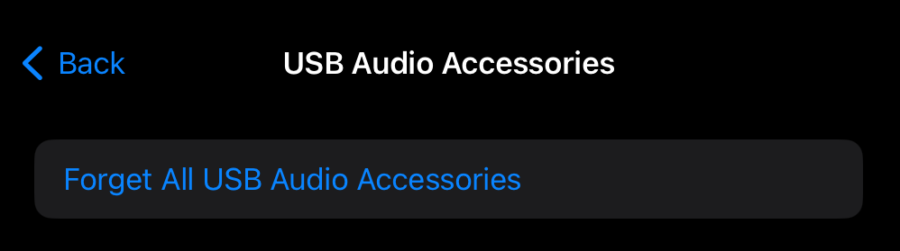 A screenshot of the iPad's USB audio accessory settings.