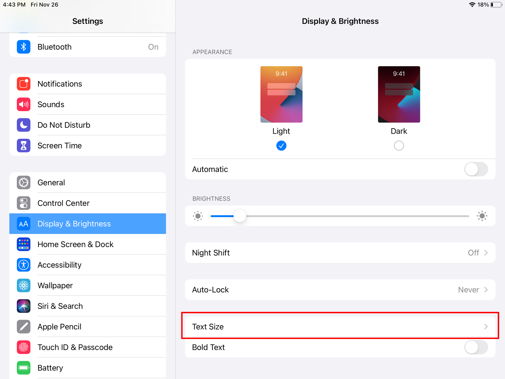 A screenshot of the iPad's Display & Brightness settings.