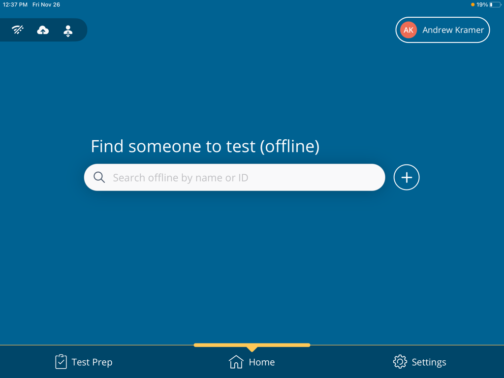 A screenshot of the PureTest home screen with default text size.