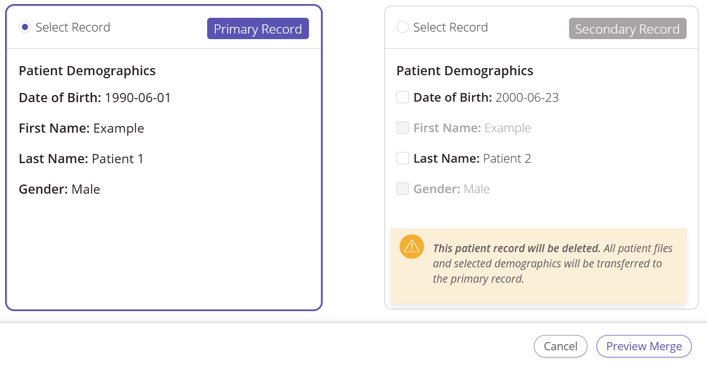 A screenshot of the record selection screen when merging two patients.