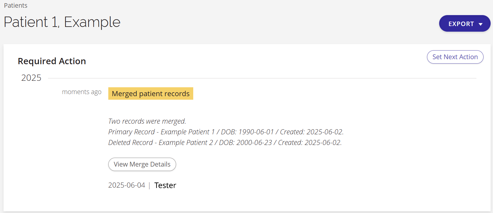 A screenshot of the patient file displaying the action history after a successful merge.