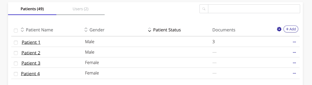 A screenshot of patients who have been added to a project.