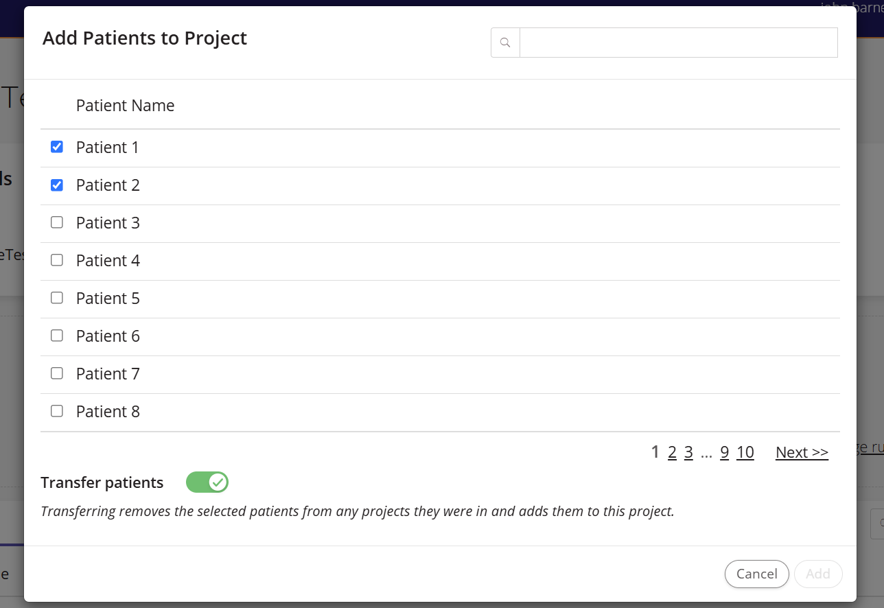 A screenshot of adding patients to a project.